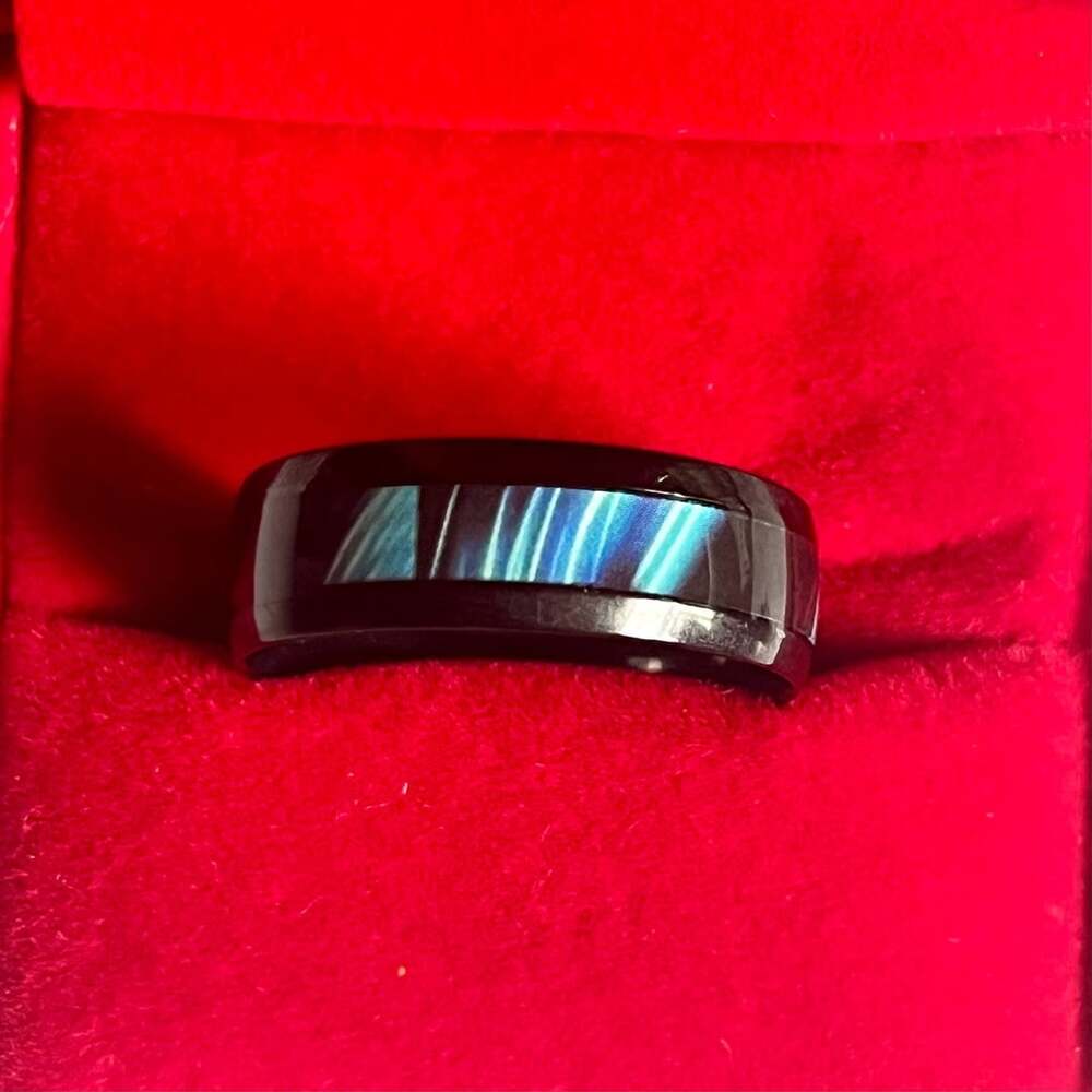 Tungsten Blue Abalone Shell Inlay Ring Black Brushed 6mm Band Size 13